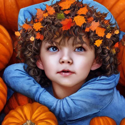 Image similar to a cute little girl with light brown wavy curly hair and blue eyes sitting amidst piles of pumpkins. beautiful cute highly detailed face. she is wearing a crown of autumn leaves. autumn and fall and halloween themed painting by artgerm and greg rutkowski and magali villanueve.