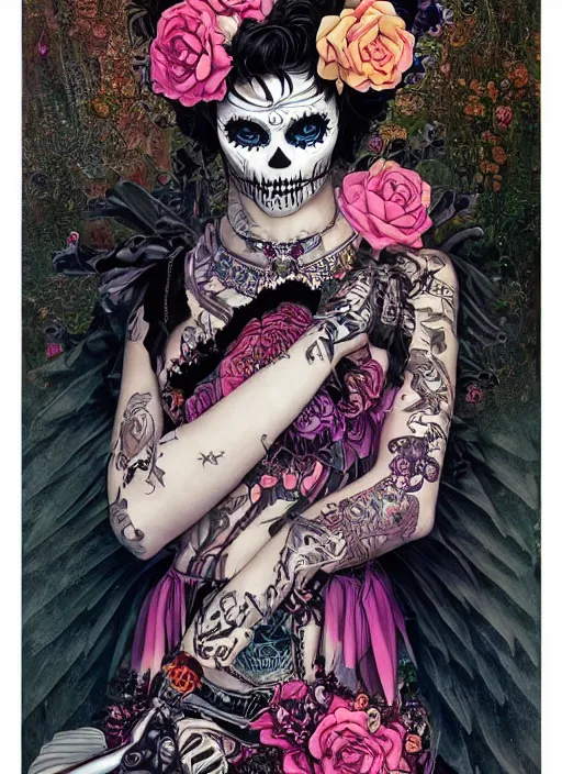 Prompt: cute punk goth fashion fractal Día de los Muertos tattoed girl posing by Zhang Jingna, film poster art by Dan Mumford Kilian Eng Hannah Jeffrey Smith Rick Griffin Alphonse Mucha Gustav Klimt Ayami Kojima Amano Charlie Bowater, violet and black