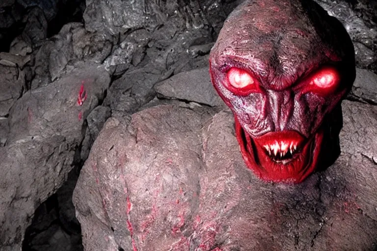 Prompt: vfx movie scene closeup monstrous alien with red streaks in its skin creature in underground rocky cave. by emmanuel lubezki