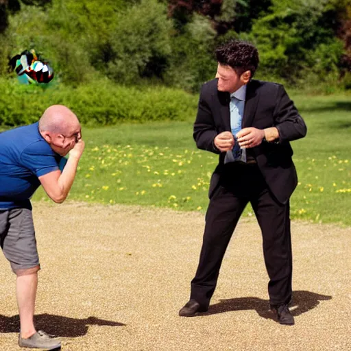 Prompt: a photo of a man arguing with a bee, the man is losing