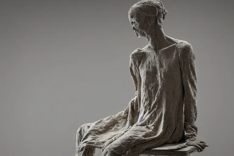 Image similar to a sculpture of a person sitting on top of a chair, a marble sculpture by nicola samori, behance, neo - expressionism, marble sculpture, apocalypse art, made of mist