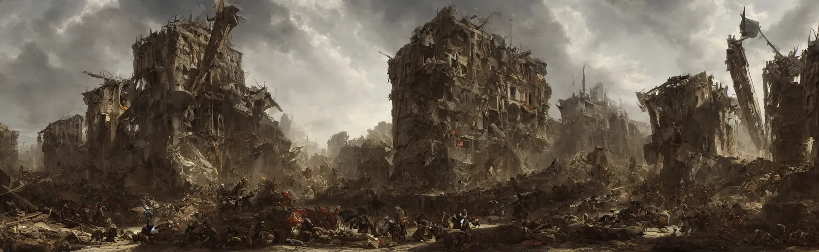 Image similar to The Bastille in the Early Days of Its Demolition with mounted knights in armor; by Hubert Robert; artstation, unreal engine, post-apocalyptic