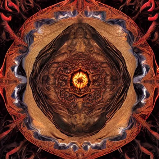 Image similar to 4K headshot of godlike Shub-Niggurath with defined arms and open hands and bloody clothes with giant mandala wings , intricate face , flawless anime cel animation by Kentaro Miura, psychedelic , highly detailed upper body , professionally post-processed , beautiful, scary, symmetry accurate features, epic, octane rendered, anime masterpiece, accurate