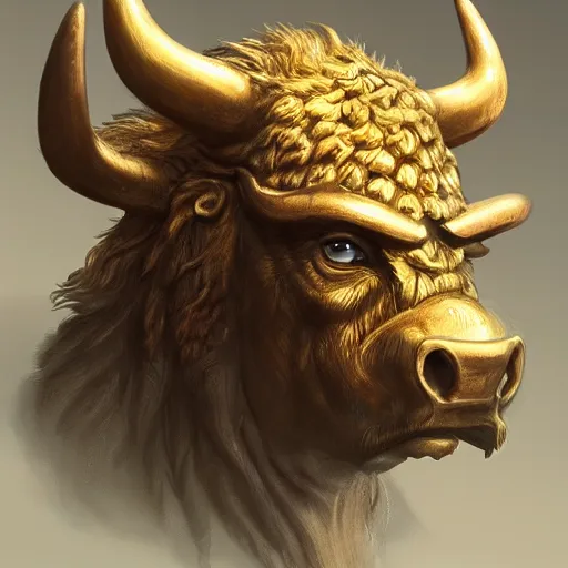 Image similar to primitive golden bison idol, d & d, fantasy, portrait, digital painting, trending on artstation, concept art, sharp focus, illustration, art by artgerm and greg rutkowski and magali villeneuve