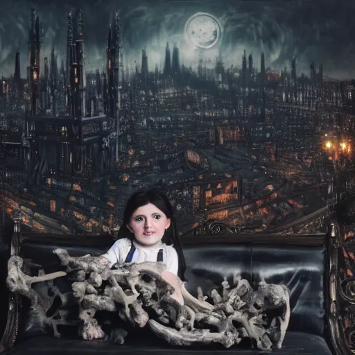 Image similar to a photo of young sad victorian gothic child with big eyes and wide grin sitting on a sofa of bones surrounded by a cyber futuristic cityscape made of human body parts, ultra detailed, 8 k resolution, beautiful lighting, expansive detailed layered city, landscape, 5 0 mm, perfect faces