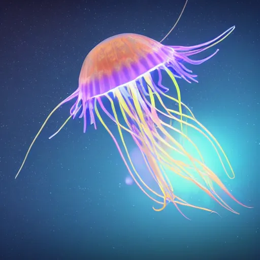 Prompt: a jellyfish with a bright biosphere in its head floating in space, long neon tentacles, meteor shower background unreal engine render, hyper realistic, ultra detailed