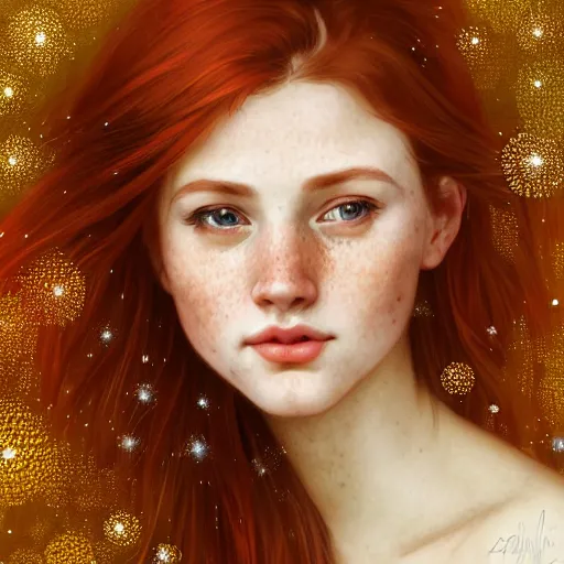 Prompt: portrait of a red haired girl, green eyes, hint of freckles, soft amazed smiles, among golden fireflies, highly detailed, deep focus, elegant, digital painting, smooth, sharp focus, illustration, ultra realistic, 8 k, art by artgerm and alphonse mucha