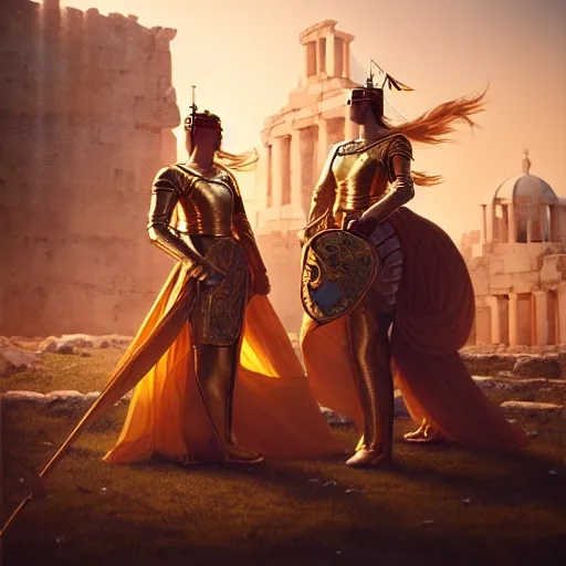 Image similar to An portrait of a female Knights of Zodiac, golden and copper, at ancinet Agora of Athens, ruins, Golden Light, illustration, artwork by greg rutkowski, Daeho Cha and WLOP, volumetric light, lightrays, smoke, cinematic, intricate, hypermaximalist