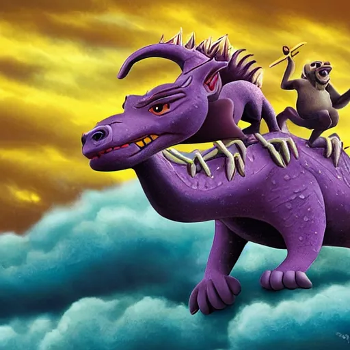 Prompt: super - detailed timon & pumba riding a purple dragon in a storm, ultrarealistic, highly detailed, soft colors