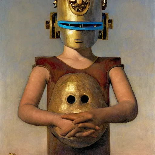 Image similar to the young robot prince with his feathered bird mask, by annie swynnerton and diego rivera and elihu vedder, symbolist, dramatic lighting, elaborate geometric ornament, head and shoulders view, art brut, soft cool colors, smooth, sharp focus, extremely detailed, adolf wolfli, donato giancola