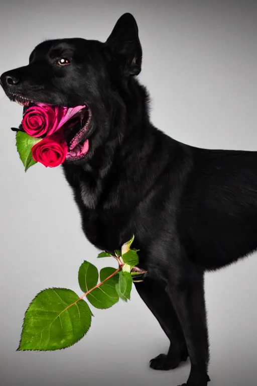 Image similar to black dog holding rose in his mouth, bright green eyes, studio lighting, 4 k, realistic, chromatic abberation, global illumination