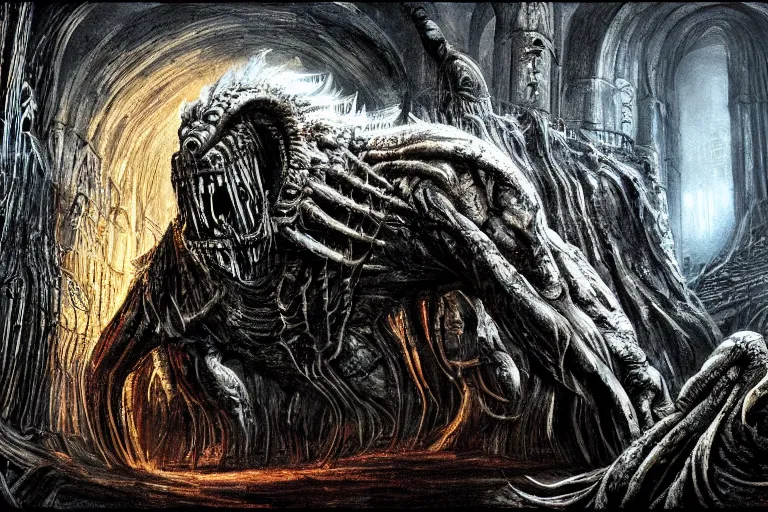 Image similar to a balrog lurking in moria, style of h. r. giger, many columns, mines of moria from the lord of the rings in the style of h. r. giger, directed by ridley scott, dark, cinematic, highly detailed, cinemascope