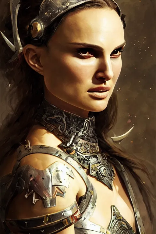 Image similar to natalie portman, legendary warrior, heroic, lord of the rings, tattoos, decorative ornaments, battle armor, by carl spitzweg, ismail inceoglu, vdragan bibin, hans thoma, greg rutkowski, alexandros pyromallis, perfect face, fine details, realistic shading photorealism