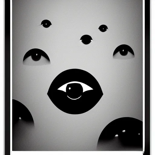 Prompt: a print of three realistic eyes floating in the sky over a city, high contrast, low key, black and white, vintage poster, film grain