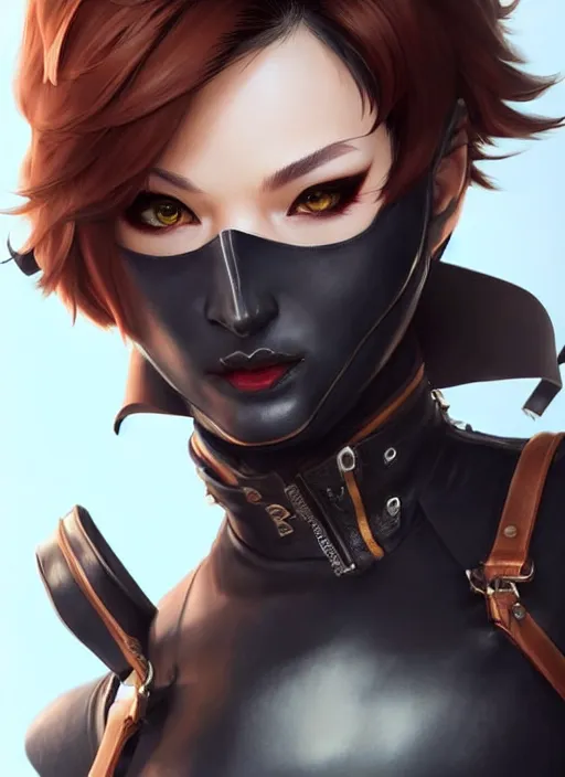 Image similar to rogue, leather bandit outfit!!! beautiful and athletic short hair female!! gorgeous face and eyes!! character concept art, sharp focus, octane render! unreal engine 5! highly rendered!! trending on artstation!! detailed linework!! illustration by artgerm, wlop, and chie yoshii