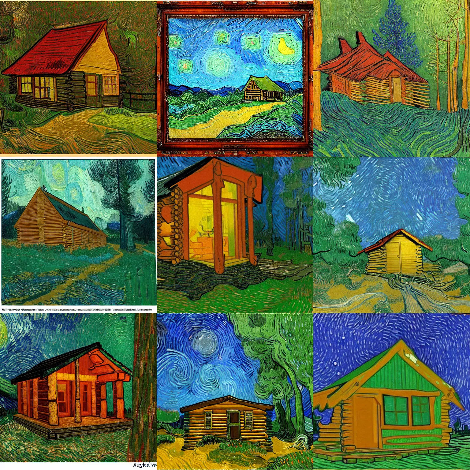 Prompt: [ a log cabin in the forest ] [ van gogh ] [ ambient ]