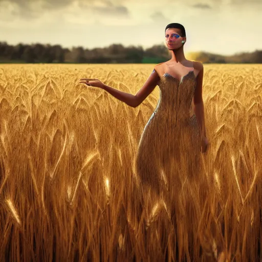 Image similar to epic professional fashion photoshoot in the wheat field, futuristic digital clothing, natural lighting, unreal engine render, 8 k, detailed, intricate, detailed, best on artstation, cgsociety, epic, stunning, gorgeous, much wow, cinematic, masterpiece.