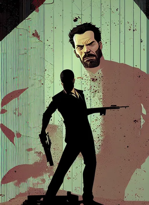 Image similar to poster artwork by Michael Whelan and Tomer Hanuka, a portrait of Max Payne dying from gunshot wounds, clean