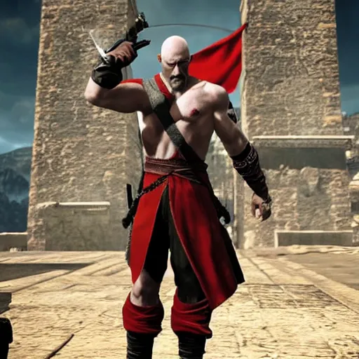 Image similar to kratos wearing hitman's suit holding double deagle