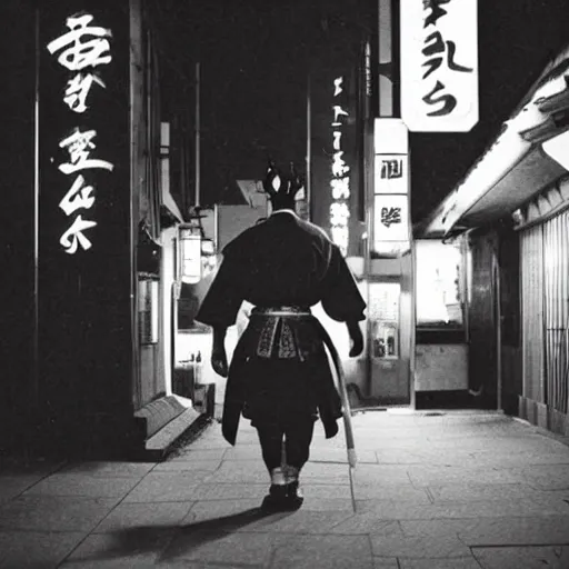 Image similar to an historic photo of a samurai, wandering through neon tokyo