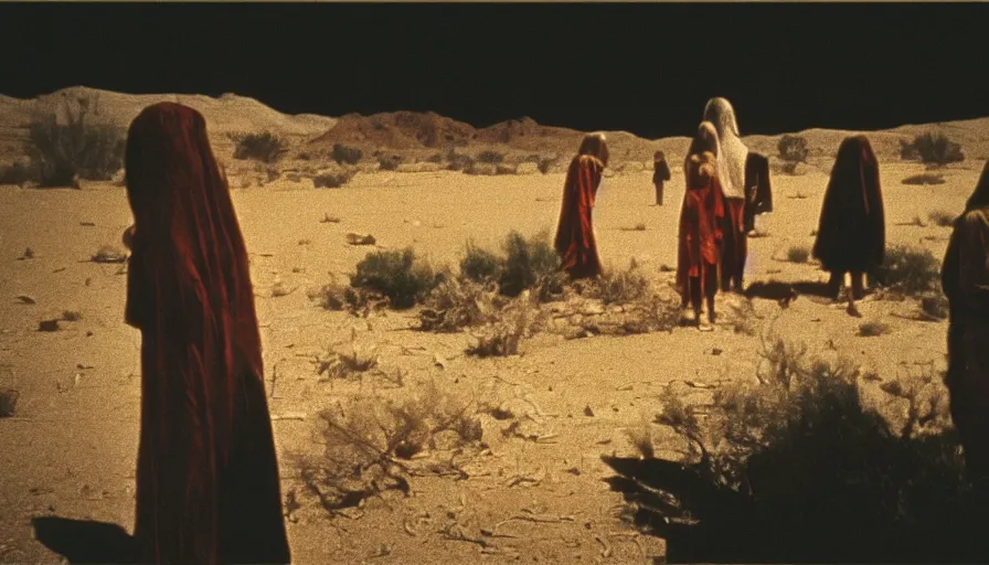 Prompt: 7 0 s film still from a horror movie about unsettling and uncomfortable people in the desert, kodachrome, cinecolor, cinestill, film grain, film texture, retro, cinematic, high resolution, photorealism,