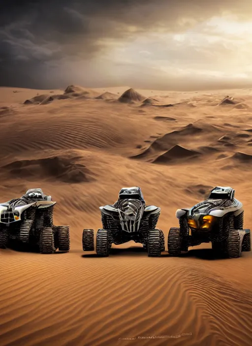 Prompt: 3 speeding quads on a dune in the desert in front of a huge stormcloud made of electric waste on the horizont , dust in the air, dark sun, concept art, dystopic, unreal, cineastic