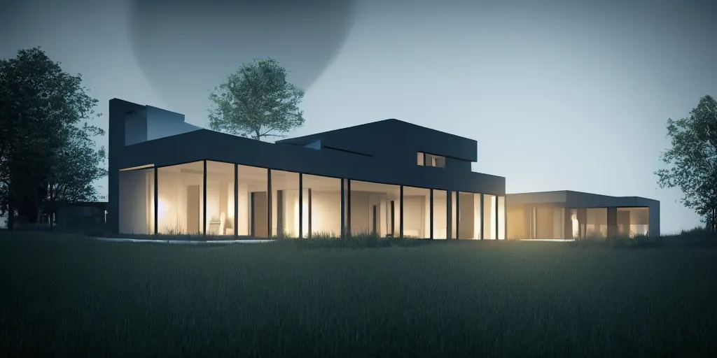 Prompt: A beautiful realistic architectural rendering of a modern house with a mysterious glow emitting from inside, by octane render and corona render