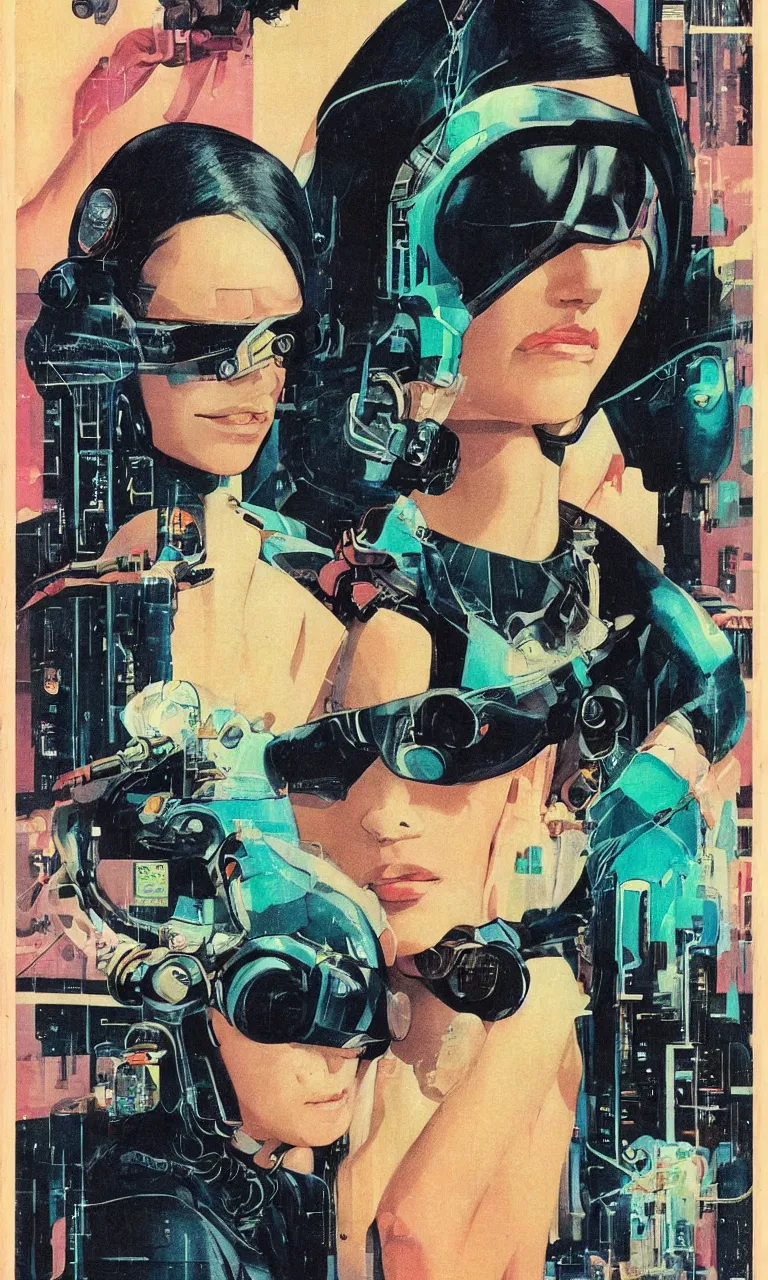Image similar to 1979 OMNI Magazine Cover depicting a portrait of a Beautiful woman wearing a Gucci kimono and AR goggles, Cyberpunk Akira style by Vincent Di Fate