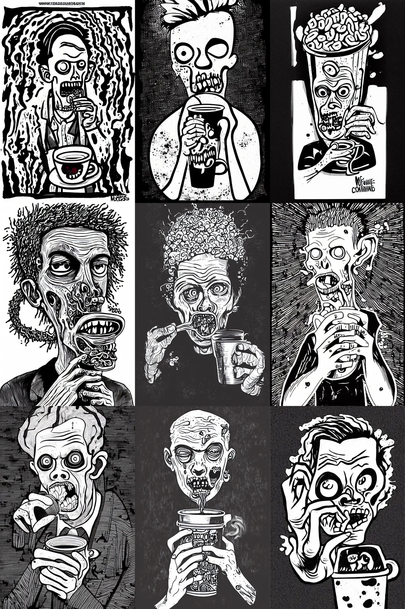 Prompt: zombie drinking brain from a coffee cup, portrait by mcbess
