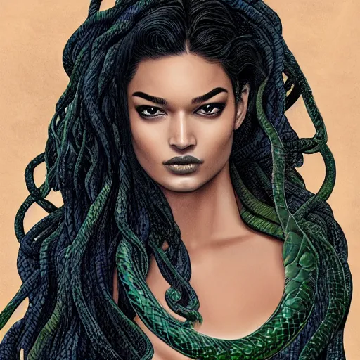 Image similar to Shanina Shaik as Medusa, snakes for hair, highly detailed, digital painting, artstation, concept art, smooth, sharp focus, illustration, art by Chris Achilleos, in the style of Medusa (1988) by Chris Achilleos.