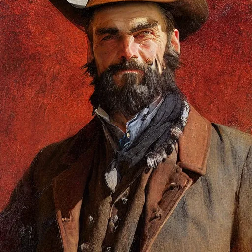 Image similar to Solomon Joseph Solomon and Richard Schmid and Jeremy Lipking victorian genre painting portrait painting of Royal Dano a rugged cowboy gunfighter old west character in fantasy costume, rust background