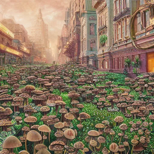 Prompt: city made of mushrooms and plants, 1 9 2 0 ’ s colored pencil, highly detailed, highly accurate, abstract art, deep aesthetic, 8 k, highly ornate intricate details, cinematic lighting, rich colors, ray tracing, hyperrealistic, photorealistic, cinematic landscape, trending on artstation,