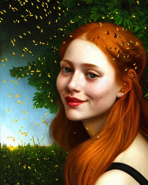 Image similar to a modern looking young woman, among the lights of golden fireflies and nature, long loose red hair, intricate details, green eyes, small nose with freckles, beatiful smiling face, golden ratio, high contrast, hyper realistic digital art by artemisia lomi gentileschi and caravaggio and artgerm.