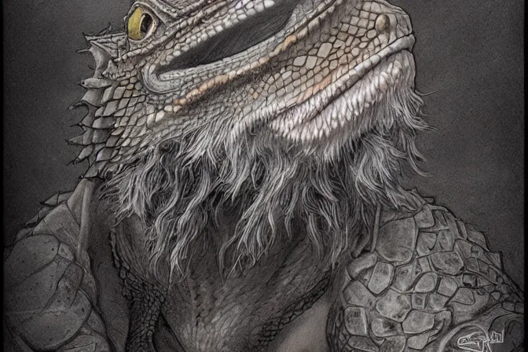 Image similar to 1979 Portrait of a bearded dragon wizard in high fantasy style by Chris Rahn. Trending on r/characterdrawing