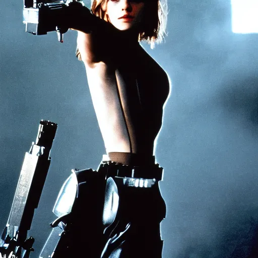 Prompt: a cinematic still of Emma Watson as The Terminator. Terminator 2 Judgement Day.