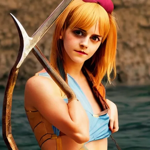 Image similar to a full body photo of emma watson as nami from one piece holding a trident in one hand, award winning photography, 50 mm, perfect faces.