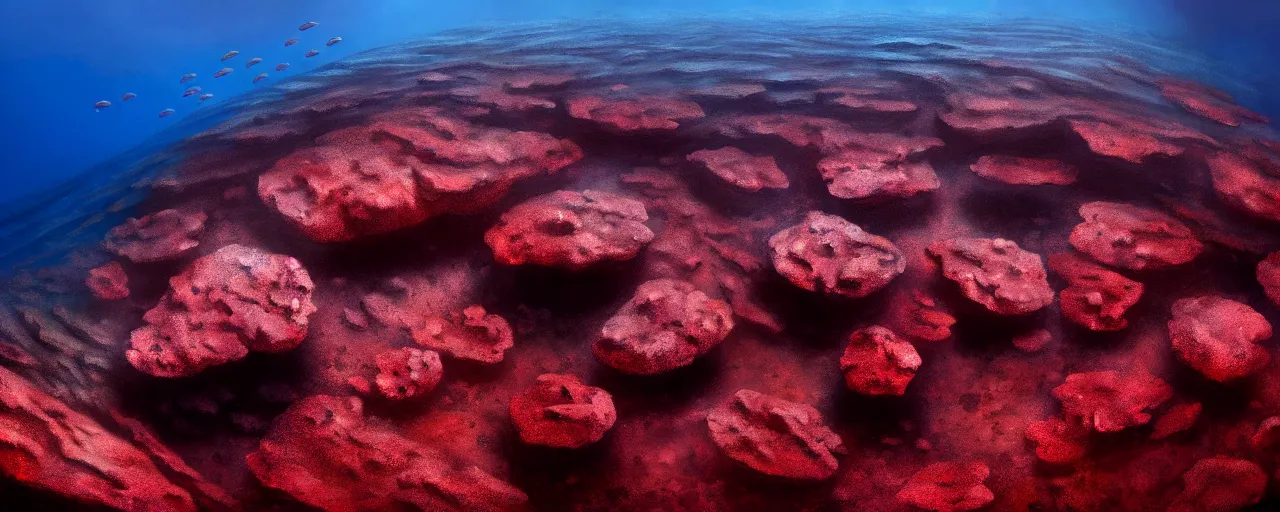 Image similar to A gorgeous detailed oil of a dark red sea covered in big blue steep rocks, a school of piranhas underwater, the further away the mistier it gets, surreal, concept art, dark aesthetic, atmospheric, moody, hyperrealism, highly detailed, masterpiece, award winning, 4k, unreal engine