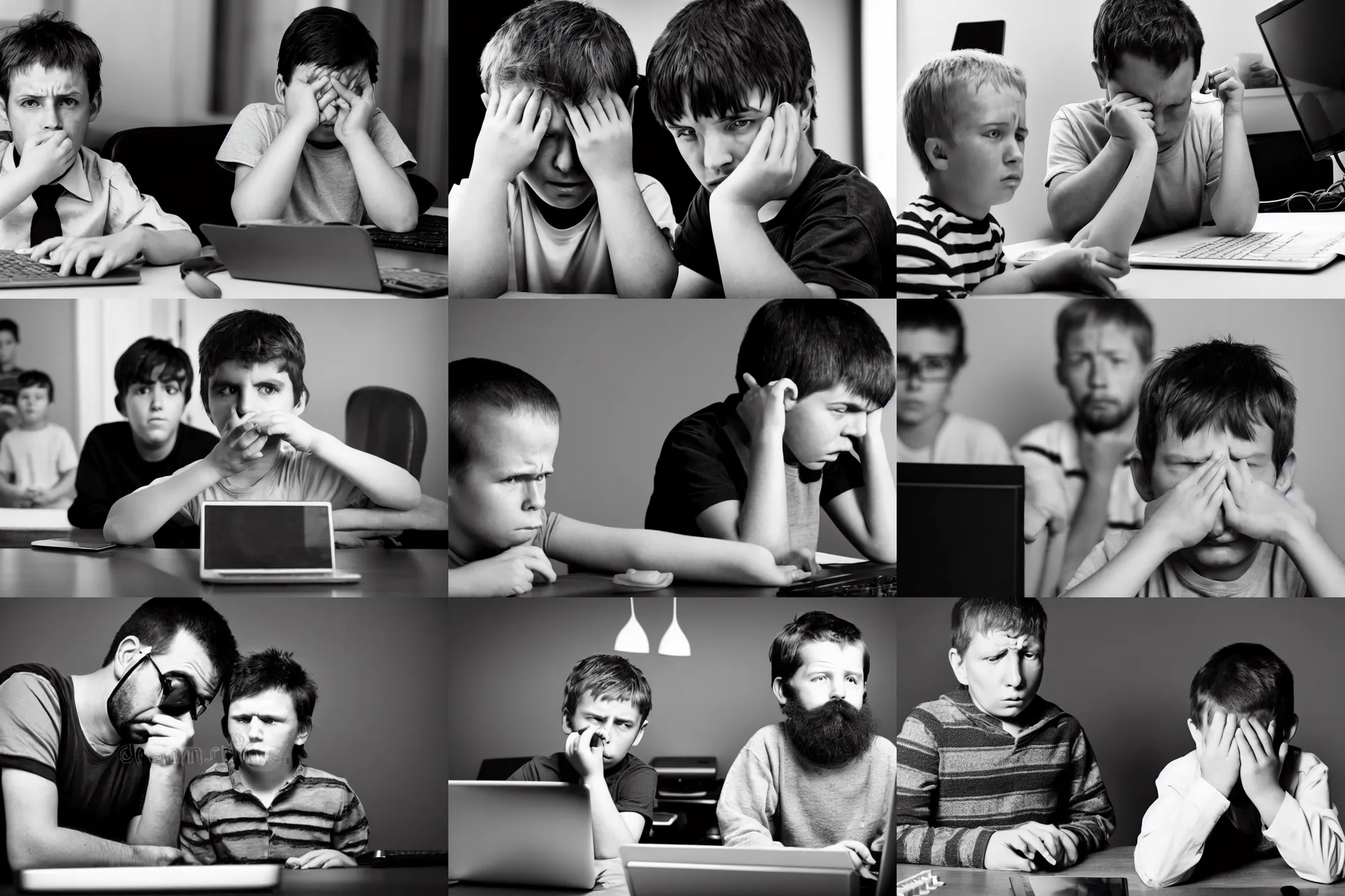 Prompt: hangover man behind computer and sad kid staying near the man. black and white photo, high detail, perfect faces