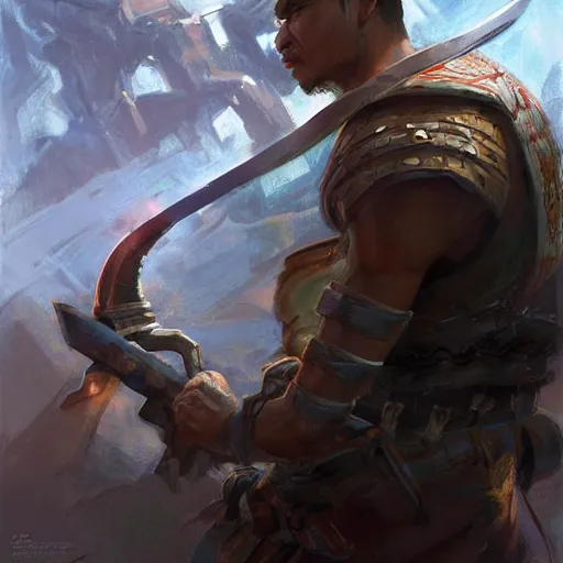 Image similar to side profile of a filipino man sitting on a tank wielding a scepter, highly detailed, d & d, fantasy digital painting, trending on artstation, concept art, sharp focus, illustration, volumetric light, intricate, matte, art by artgerm and greg rutkowski