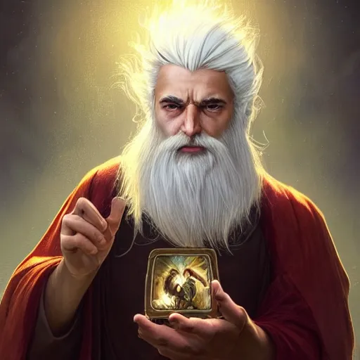 Image similar to a man with white hair and beard, wearing nomadic clothing holding a soul jar portrait, backlight, rim lighting, deep focus, d & d, fantasy, intricate, elegant, highly detailed, digital painting, artstation, concept art, matte, centered, sharp focus, illustration, hearthstone, art by artgerm, greg rutkowski and alphonse mucha