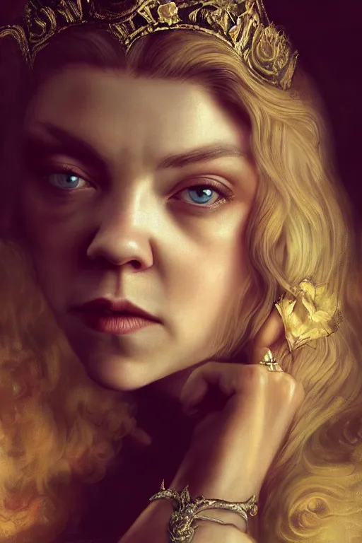 Prompt: a portrait of Natalie Dormer as an elegant beautiful dark bohemian vampire woman, smooth face, glamour shot, bored, illustration, dramatic lighting, soft details, painting oil on canvas, art nouveau, octane render, HDR, 4k, 8k, HD, by Edmund Blair Leighton, Brom, Charlie Bowater, trending on artstation,