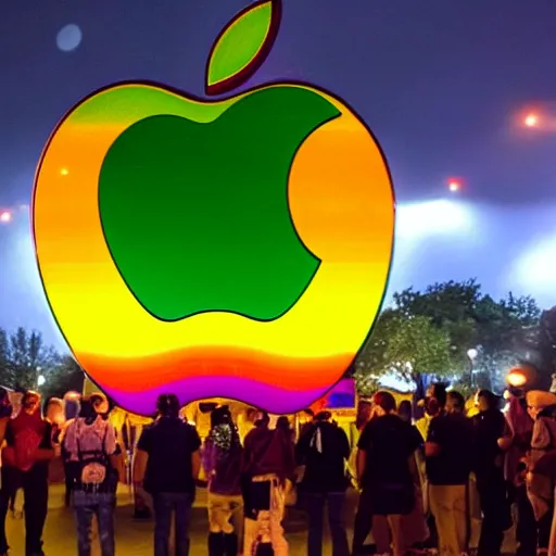 Image similar to rainbow apple logo monolith surrounded by a mob of torch lit protestors