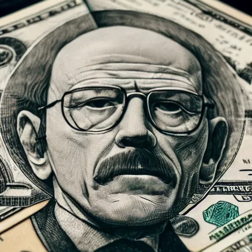 Prompt: Heisenberg sitting on a pile of money.