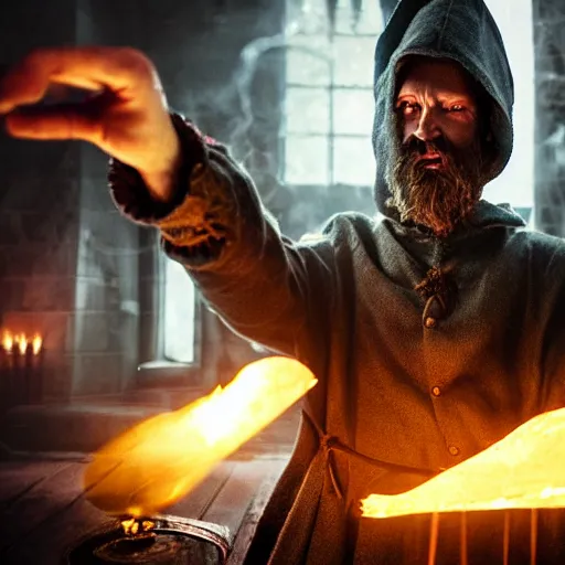 Image similar to dark wizard casting spell, alchemist lab, hyperrealistic, cinematic atmosphere, high definition, epic