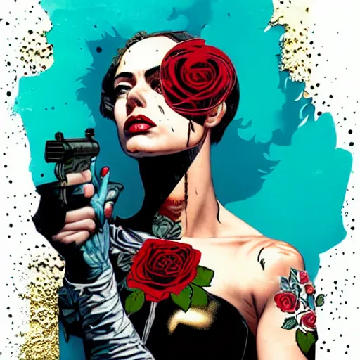 Prompt: portrait of britainwoman :: side profile :: in ocean :: roses and guns metal details :: gold :: blood and horror :: by marvel and Sandra Chevrier