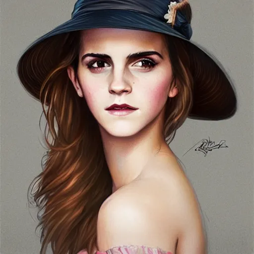 Prompt: sensual emma watson wearing a hat and a dress, looking seductive, cowgirl, hyperrealistic, artgerm, greg rutkowski, artstation, highly detailed