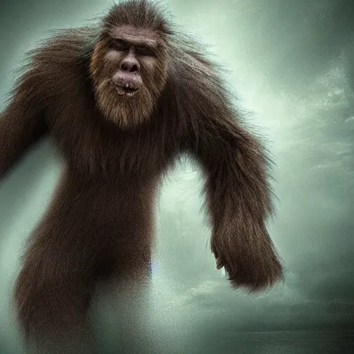 Image similar to a giant saquatch like monster running down a flight of stairs at a scared child digital art terrifying cinematic lighting movie