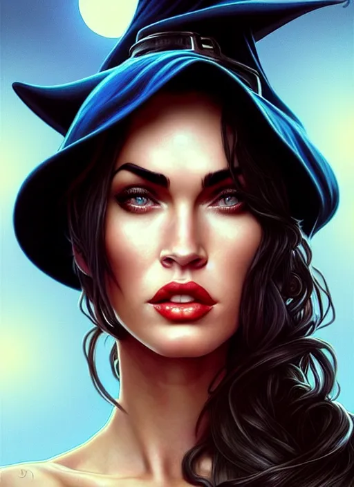 Image similar to portrait of megan fox as witch, hat, toad, pumpkin, halloween, intricate, headshot, highly detailed, digital painting, artstation, concept art, sharp focus, cinematic lighting, illustration, art by artgerm and greg rutkowski, alphonse mucha, cgsociety