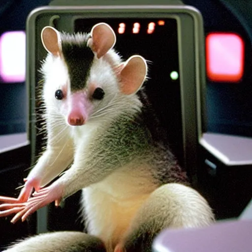 Prompt: An opossum sitting in the captain’s chair aboard the Star Trek Enterprise, —width 1024