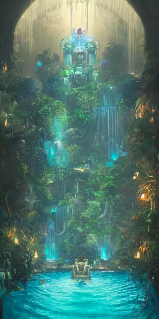 Prompt: detailed interior of a vaporwave pool, waterfall walls, palm vegetation, light shafts, the glowing throne, stunning atmosphere, in style of peter mohrbacher, cinematic lighting